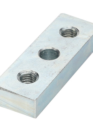 The AGCO | STRAP - D28251146 is a rectangular metal block featuring one central circular through hole and two threaded holes on either side. No current product description information is available.