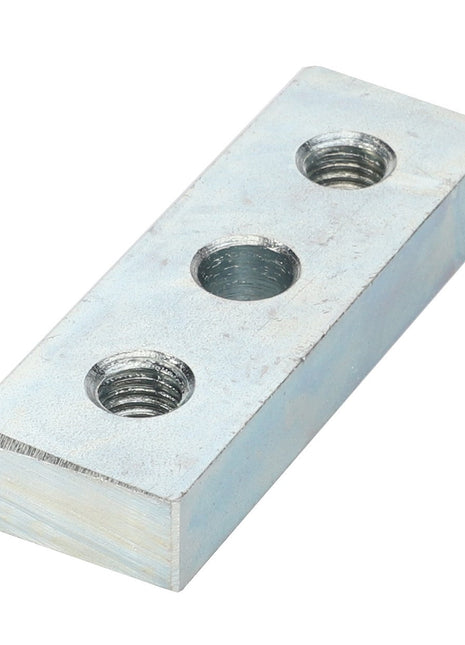 The AGCO | STRAP - D28251146 is a rectangular metal block featuring one central circular through hole and two threaded holes on either side. No current product description information is available.