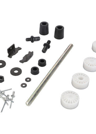 The AGCO Wear Parts Set for Seat Height Adjustment (F248500031200), consisting of assorted mechanical components like bolts, washers, nuts, screws, a metal rod, plastic gears, and spacers, is neatly arranged on a white background. Detailed product description is not currently available.