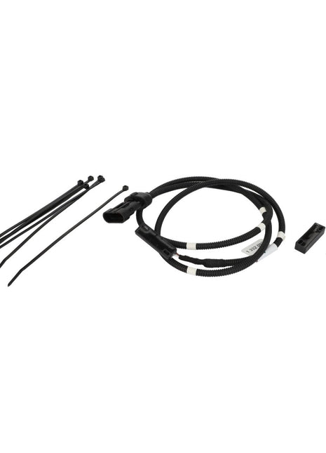 The AGCO | Switch - Acp0349450 by AGCO includes a coiled black wiring harness with connectors, four black zip ties, a black plastic component, and four metal screws—all clearly displayed on a white background. Currently, no product description is available.