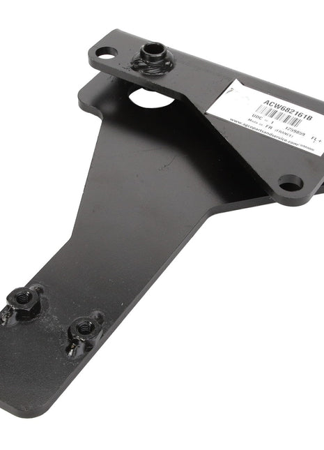 The AGCO Bracket - Acw682161B is a sturdy black metal bracket featuring a barcode label and two threaded bolts securely attached at the base.