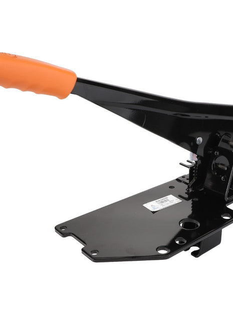 Currently, no product description information is available for the AGCO Hand Brake Lever - Acw164978D, a black handheld mechanical lever device with an orange handle, mounted on a flat metal base with several holes.