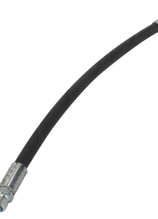 The AGCO Hydraulic Hose - Acw1758300 is a versatile black rubber hose equipped with sturdy metal fittings on both ends, commonly used for fluid transfer or hydraulic systems.