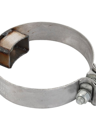 The AGCO Band Clamp - Acw0258560, featuring a nut and bolt fastener, is ideal for securing piping in automotive or industrial applications and offers superior radial clamping force.