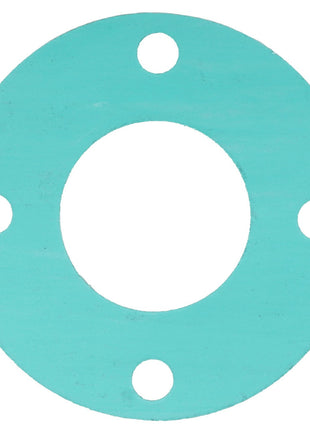 The AGCO | GASKET - AG517044 is a circular turquoise gasket featuring a large central hole and four smaller holes evenly spaced around the perimeter.