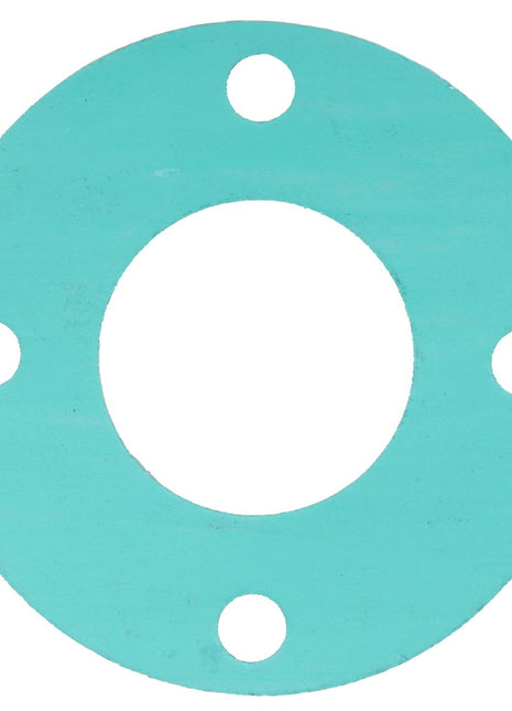 The AGCO | GASKET - AG517044 is a circular turquoise gasket featuring a large central hole and four smaller holes evenly spaced around the perimeter.