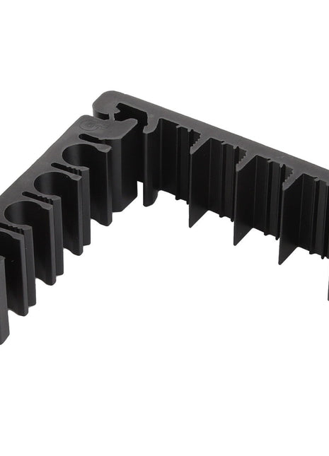 A durable, L-shaped black plastic clip featuring multiple vertical slots and ridges, similar to those robust components found in Massey Ferguson tractors, specifically the AGCO Massey Ferguson Clip - 3640959M1.