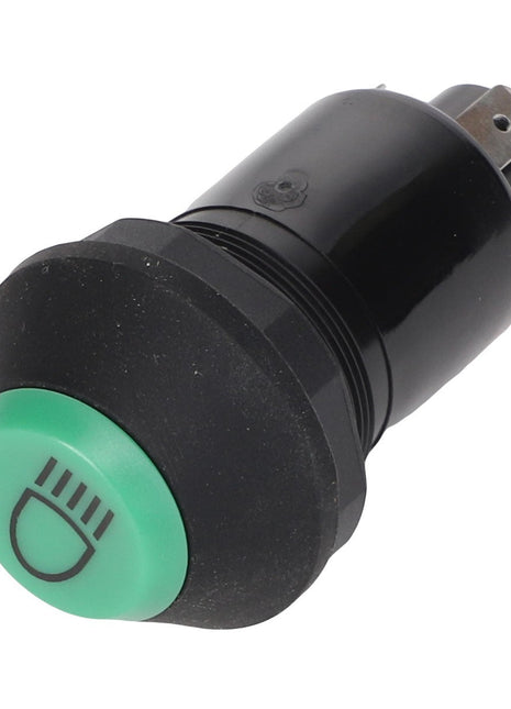 A black circular AGCO push button switch with a green cap displaying a headlight icon, used for controlling vehicle headlights, ideal for Fendt Models (AGCO | Switch, Push Button, Lighting - G339900020080).