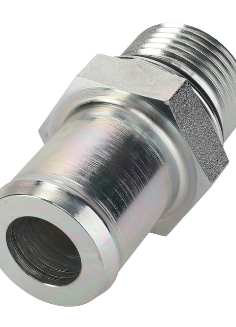 Close-up view of the AGCO Hose Holder - Acx3407260, featuring a metallic threaded pipe fitting with a hexagonal middle section.