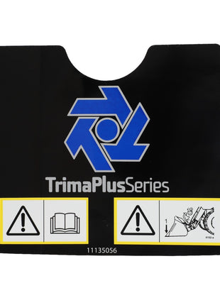 Black AGCO decal labeled "Trima Plus Series" with a blue logo, featuring three caution icons: read instructions, general warning, and machinery hazard. No applicable keywords can be extracted from the provided information. Product Code: AL11135056.