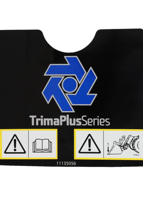 Black AGCO decal labeled "Trima Plus Series" with a blue logo, featuring three caution icons: read instructions, general warning, and machinery hazard. No applicable keywords can be extracted from the provided information. Product Code: AL11135056.