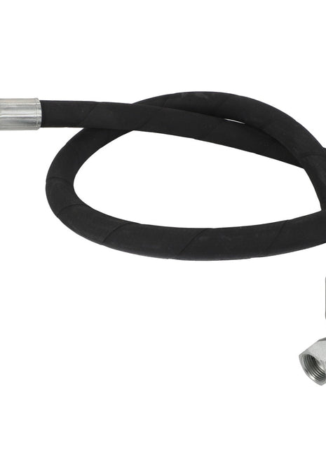 A black rubber hydraulic hose, branded AGCO and named HYDRAULIC HOSE - D46150584, featuring metal connectors at both ends, coiled in a loop.