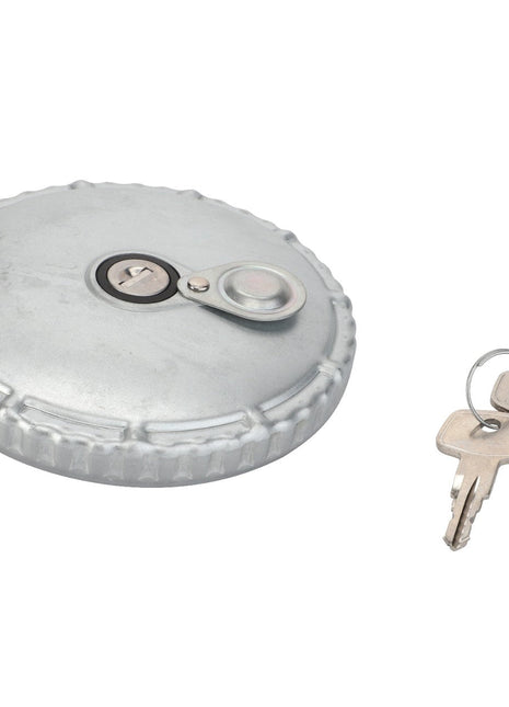 The AGCO Fuel Cap - F411201060070 is a round metal gas cap with a locking mechanism, accompanied by two silver keys on a ring, and is placed on a white background. No current product description available for this product.