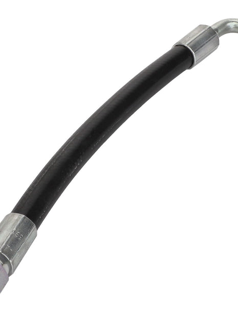 The AGCO Hydr. Hose - Acw2156690 is a black hydraulic hose featuring metal connectors at both ends, with one connector straight and the other slightly bent. No further product description information is available at this time.