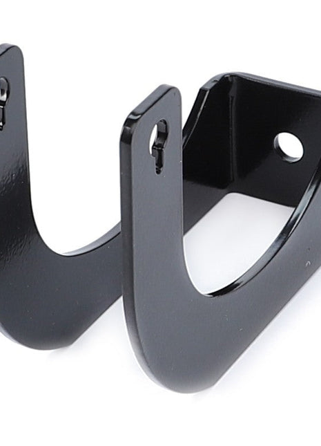 Currently, there is no product description available for the AGCO Bracket - Acw0607810, a black metal U-shaped bracket featuring two mounting holes on one side and a single hole on the other.