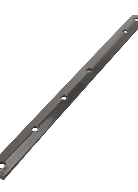 The AGCO Plate - Acw1175100 is a sturdy black metal bar featuring five precision-drilled holes evenly spaced along its length.