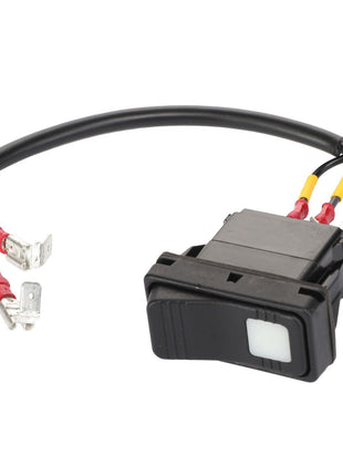 The AGCO | SWITCH - AL10339939, a black rocker switch from AGCO, includes attached wiring with connectors and red and yellow protective sleeves on the wires. No further product description information is available.