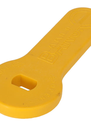 A yellow plastic handle for the Rogator Liquid System (Ag055624) by AGCO, featuring a rectangular hole in the center and raised text indicating "CLOSE" and "OPEN." Its elongated design, emblazoned with the AGCO Parts Genuine Controls and Levers branding, ensures genuine appearance and quality for enhanced productivity and efficiency