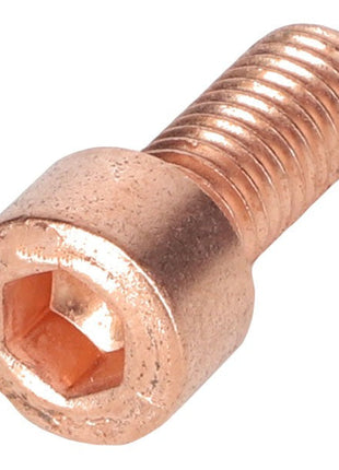 The AGCO | Socket Head Bolt - F530200090590, featuring a partially threaded copper shaft, glistens against a pristine white background.