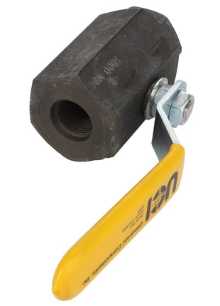 Image showcasing an AGCO | Ball Valve - Acp0001660 with a yellow-handled adjustment tool precisely fitted to a hexagonal metal component featuring a threaded hole.