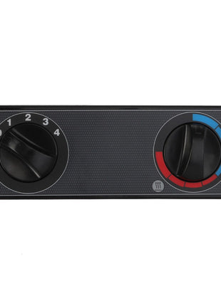 The AGCO | Control Panel - Acw2146480, a black car climate control panel from the AGCO brand, features two knobs: the left knob is numbered 0 to 4 for fan speed adjustment, while the right knob uses blue and red colors for temperature regulation. Please note that no current product description information is available.