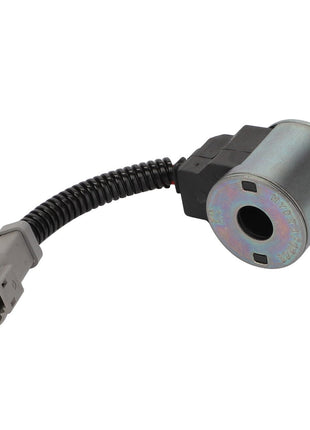 A cylindrical automotive solenoid featuring a black coiled wire and a gray connector plug, specifically the AGCO Coil - Acp0276670 by AGCO.