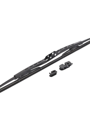 The black AGCO | Wiper Blade - 3620126M91, created from high-quality materials and including multiple mounting accessories, is showcased on a white background.