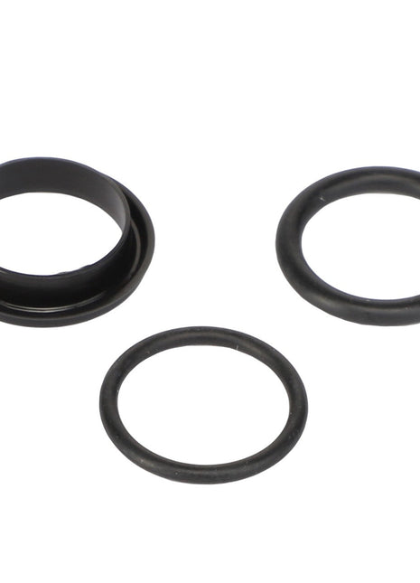 Three black rubber O-rings, one featuring a flange, are arranged on a white background. Product Description: AGCO | SEALS KIT - AL521834 by AGCO.