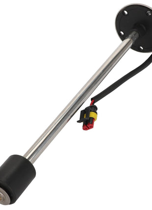 No current product description information is available for the AGCO SENSOR - ACY1581310, which features a metal rod sensor with a black cylindrical float, attached to a circular base plate with multiple holes, and a wire harness with red and yellow connectors.