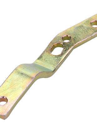 The AGCO LEVER - D28751730 is a metallic bracket with a slight bend, featuring three holes: one in the center and one at each end. It has a shiny, gold-colored finish. Currently, no additional product description information is available.