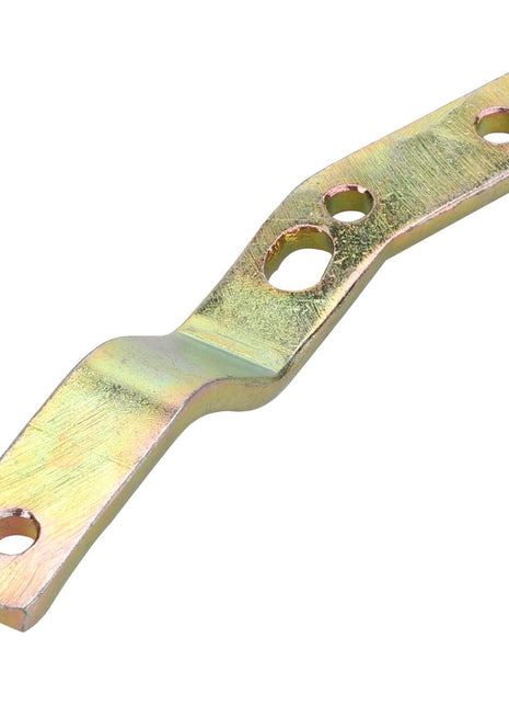 The AGCO LEVER - D28751730 is a metallic bracket with a slight bend, featuring three holes: one in the center and one at each end. It has a shiny, gold-colored finish. Currently, no additional product description information is available.