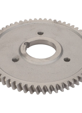 The AGCO | Helical Gear - V836119550 is a precision-engineered, metallic gear featuring evenly spaced teeth around its circumference and a central circular hole with two smaller holes nearby, specifically designed to optimize machinery performance. Built as part of AGCO Parts Genuine Gears, it ensures reliable gear assembly.