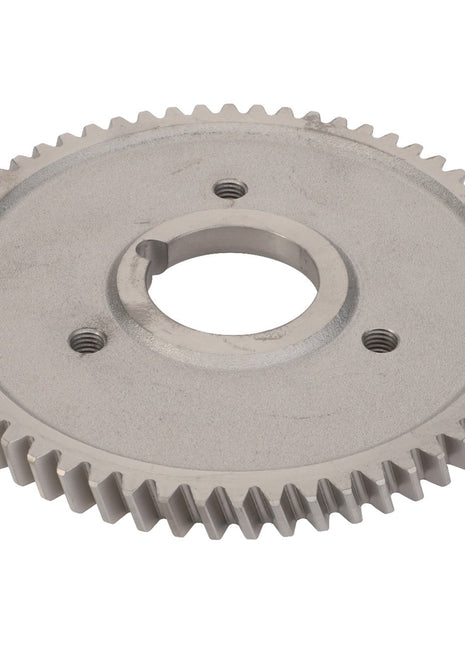 The AGCO | Helical Gear - V836119550 is a precision-engineered, metallic gear featuring evenly spaced teeth around its circumference and a central circular hole with two smaller holes nearby, specifically designed to optimize machinery performance. Built as part of AGCO Parts Genuine Gears, it ensures reliable gear assembly.