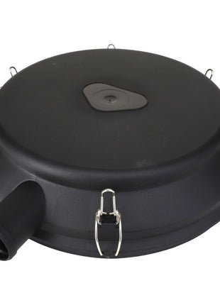 The AGCO | COVER - AG334849 is a circular black plastic lid featuring metal clips around the edges and a spout-like extension neatly attached on one side.