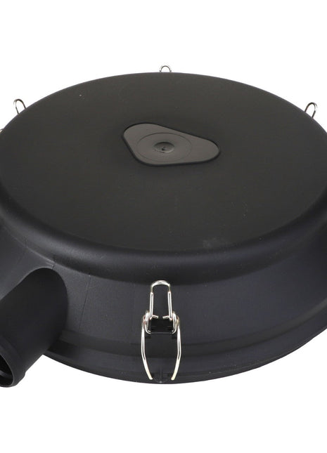 The AGCO | COVER - AG334849 is a circular black plastic lid featuring metal clips around the edges and a spout-like extension neatly attached on one side.