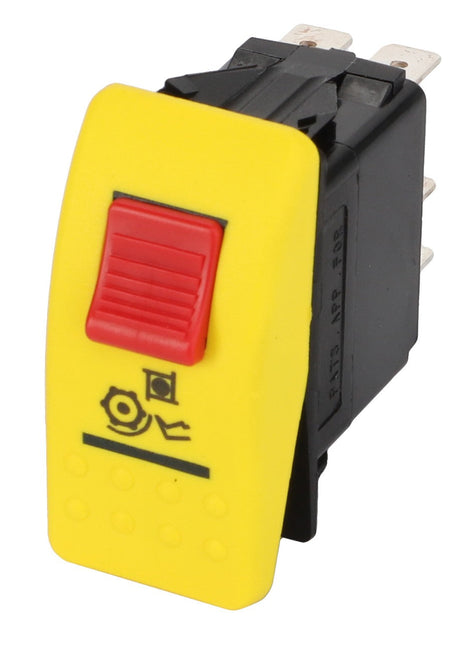 The AGCO | SWITCH - D45050063 is a rectangular yellow and black switch featuring a red button and a safety symbol, commonly used in power tools or machinery for on/off operation.