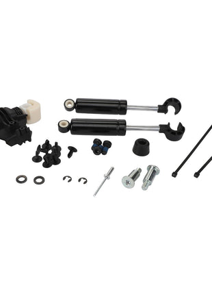 Assortment of automotive parts for AGCO's Horizontal Suspension (part number F931502030390), including two shock absorbers, various screws, bolts, washers, two cable ties, and other small components on a white background. Comprehensive product description details are currently unavailable.