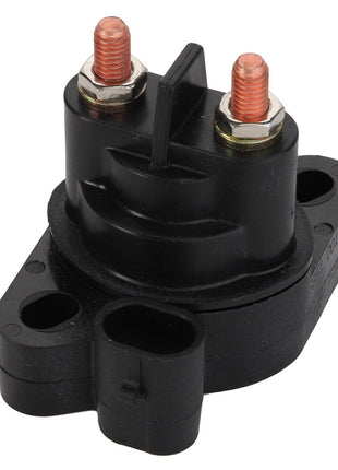 The AGCO SOLENOID - ATV0445-058 is a black, cylindrical electrical component featuring two copper terminals and mounting holes on its base. No current product description information is available.