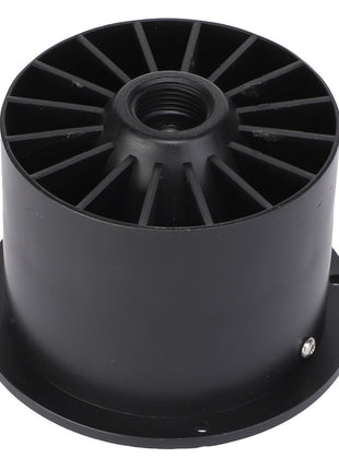 The AGCO TURBINE - AG722819 is a sleek, black cylindrical plastic component featuring radial fins and a central threaded hole, all mounted on a flat circular base.