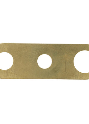 The AGCO Shim - V836119920, a rectangular metal plate with rounded edges and three circular holes neatly arranged horizontally, ensures seamless integration into your design.