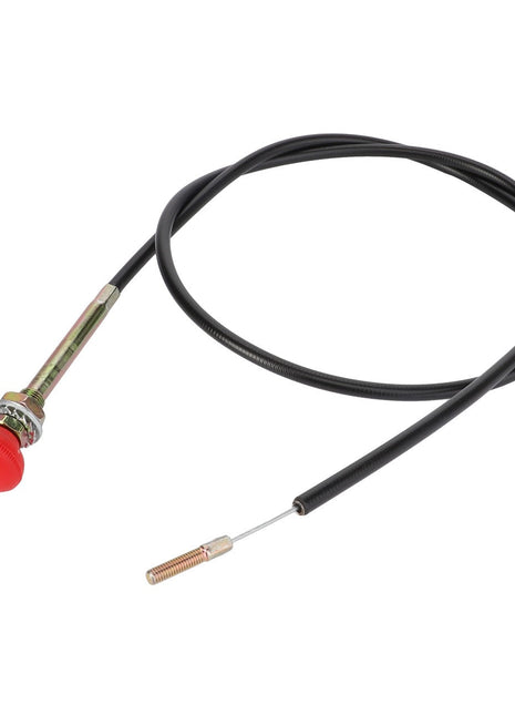 The AGCO Control Cable, Injection Pump - Acp0250160 features an ergonomic design for easy handling, with a red knob on one end and a thin metal rod on the other end, all connected by a black flexible casing.