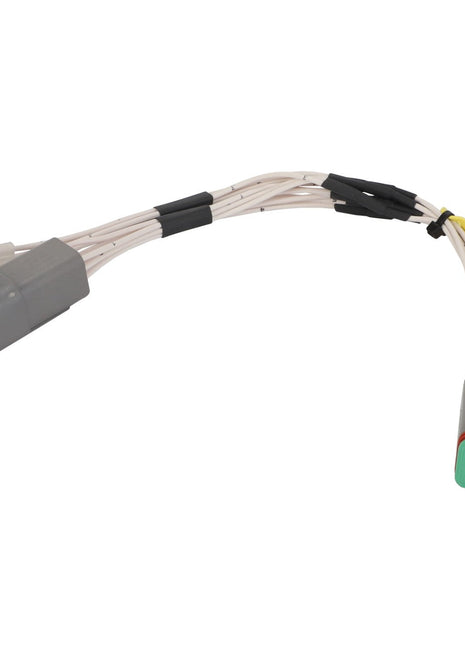 The AGCO Harness - Act0025610 features multiple connectors, including a gray plug with several white wires and a gray and green plug with yellow and white wires. While there is no current product description available, it is identified by the brand name AGCO.