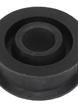 Currently, no product description information is available for the close-up image of the AGCO Pulley, Idler (model Acx2948840) in black rubber with a flanged design and a central hole.