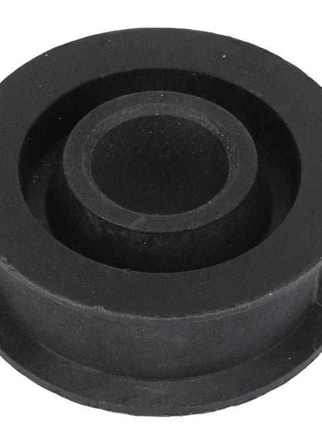 Currently, no product description information is available for the close-up image of the AGCO Pulley, Idler (model Acx2948840) in black rubber with a flanged design and a central hole.