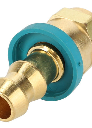 The AGCO Adapter Fitting - AG561168 is a brass barbed hose fitting that includes a blue gasket, with one end featuring a hexagonal nut and the other end designed as a barbed connector. Unfortunately, no further product description information is available at this time.