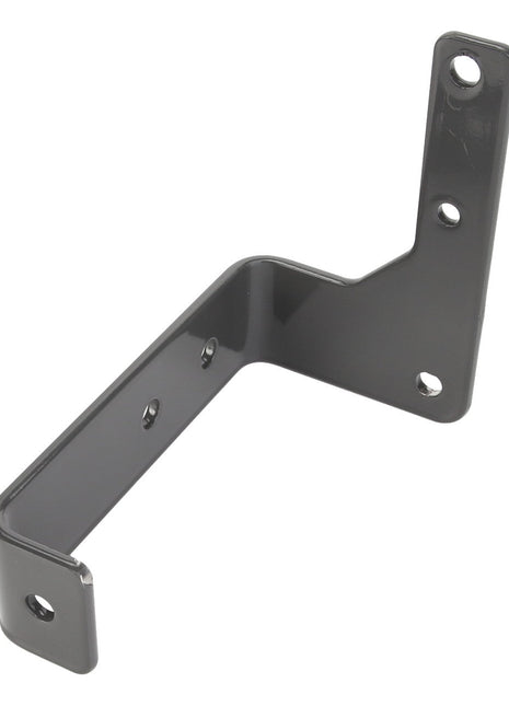 The AGCO Bracket - Acw1747790 by AGCO is a robust black metal bracket with multiple screw holes, designed for mounting or support purposes. It features a right-angle configuration and an additional extended arm for enhanced stability.