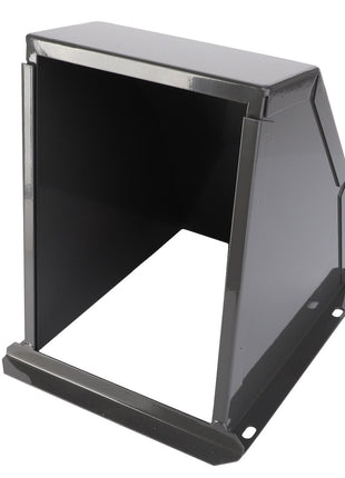 A metal rectangular structure with an open front and sloped sides, shown against a white background. The object, identified as "AGCO | INLET - D28585046" from the brand AGCO, features mounting holes at its base. However, there is no information available on its specific use or application.