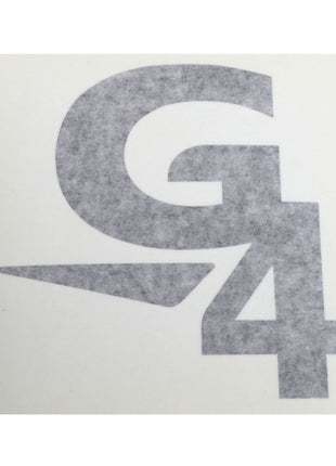 The AGCO DECAL - AG610784 features a sleek gray logo with the letters "G4" stylishly integrated, incorporating a dynamic triangular element seamlessly into the design.