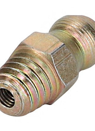 A close-up image of the AGCO | Cone-Type Lubricating Nipple - Fel108294 with threads on both ends showcases its precision engineering.