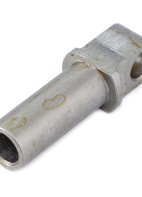 A close-up view of the AGCO Lever Pin, Automatic Clevis - Acp0210320, showcasing its metallic cylindrical connector with a threaded hole and hexagonal base, designed for fluid or gas lines, resembling precision hitch components.